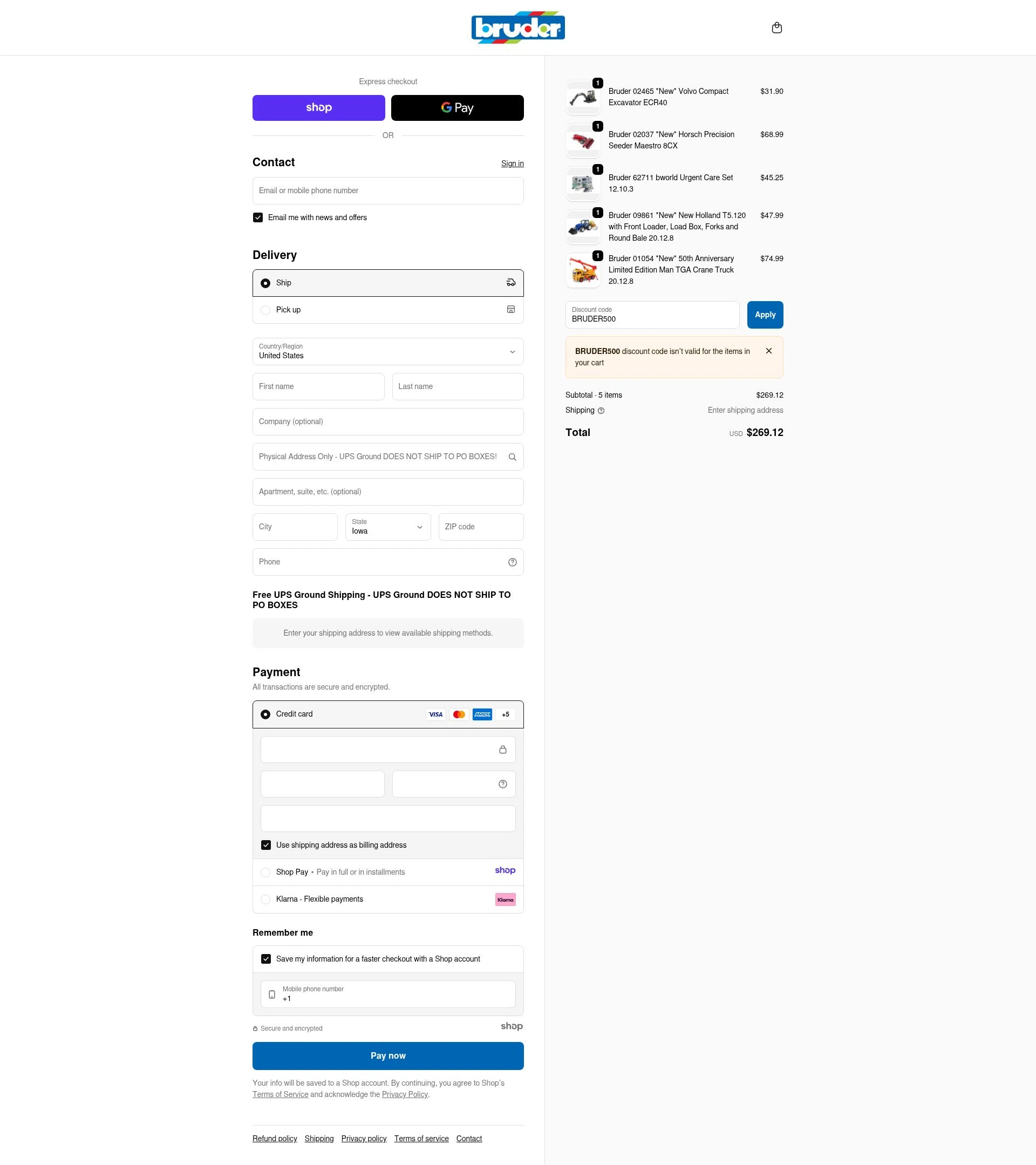 Bruder Toy Shop checkout page showing Bruder Toy Shop discount code box | Screenshot taken by SimplyCodes community member on Nov 23, 2025