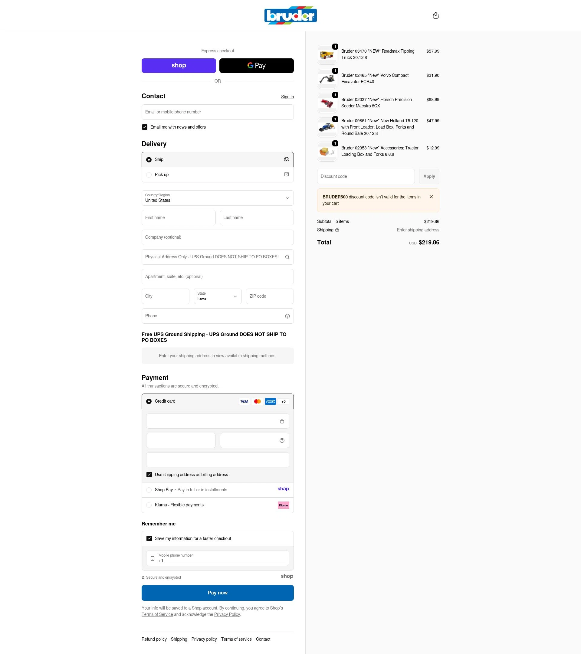 Bruder Toy Shop checkout page showing Bruder Toy Shop discount code box | Screenshot taken by SimplyCodes community member on Jan 1, 2026