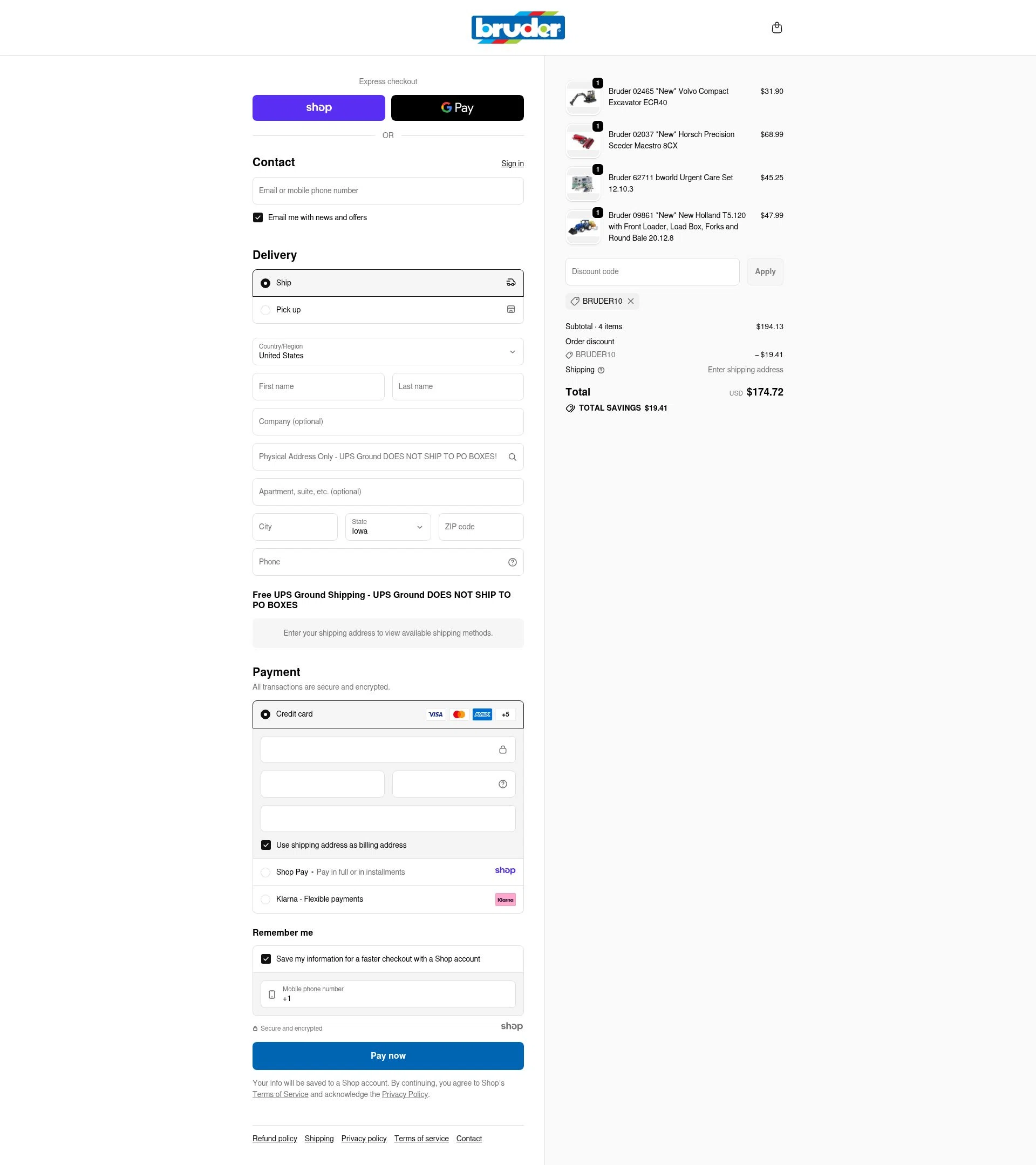 Bruder Toy Shop checkout page showing Bruder Toy Shop discount code box | Screenshot taken by SimplyCodes community member on Nov 28, 2025