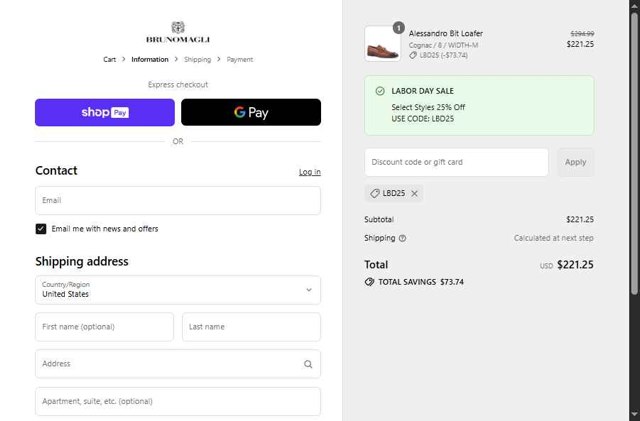 Bruno Magli checkout page showing Bruno Magli discount code box | Screenshot taken by SimplyCodes community member on Aug 27, 2025