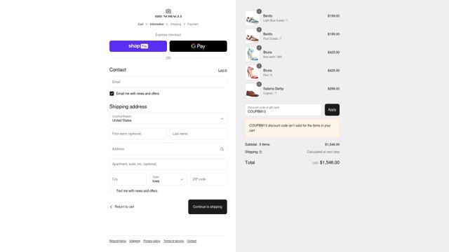 Bruno Magli checkout page showing Bruno Magli discount code box | Screenshot taken by SimplyCodes community member on Aug 21, 2025