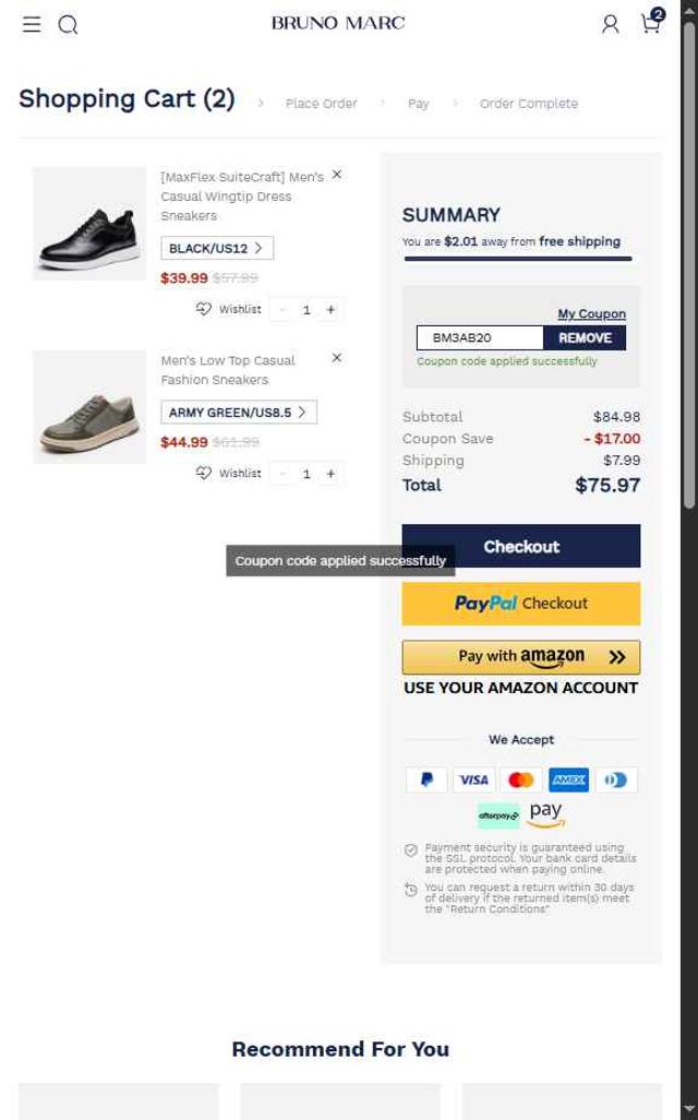 Bruno Marc checkout page showing Bruno Marc coupon code box | Screenshot taken by SimplyCodes community member on Sep 8, 2025