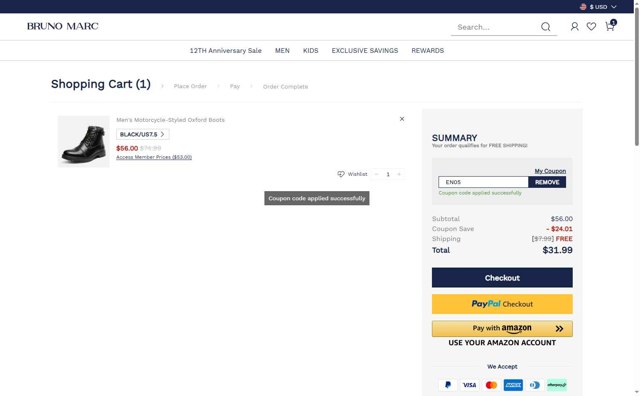 Bruno Marc checkout page showing Bruno Marc coupon code box | Screenshot taken by SimplyCodes community member on Aug 18, 2025
