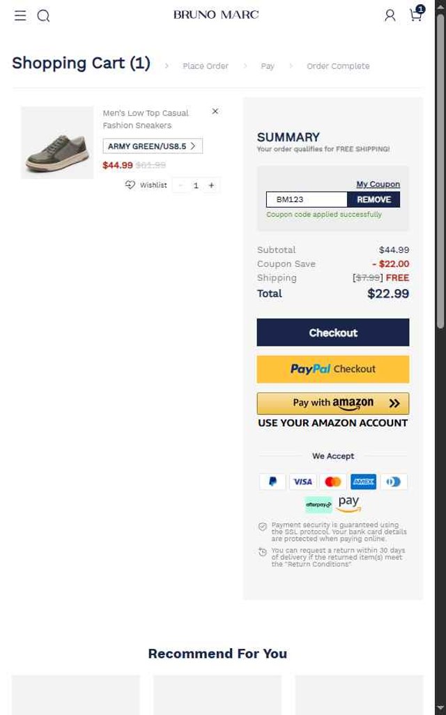 Bruno Marc checkout page showing Bruno Marc coupon code box | Screenshot taken by SimplyCodes community member on Aug 14, 2025