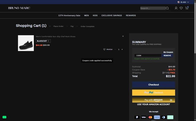 Bruno Marc checkout page showing Bruno Marc coupon code box | Screenshot taken by SimplyCodes community member on Aug 6, 2025