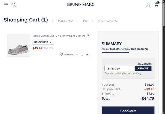 Bruno Marc checkout page showing Bruno Marc coupon code box | Screenshot taken by SimplyCodes community member on Jul 13, 2025