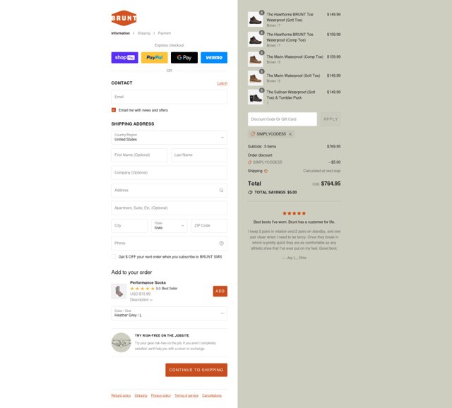 Brunt Workwear checkout page showing Brunt Workwear discount code box | Screenshot taken by SimplyCodes community member on Jul 26, 2025