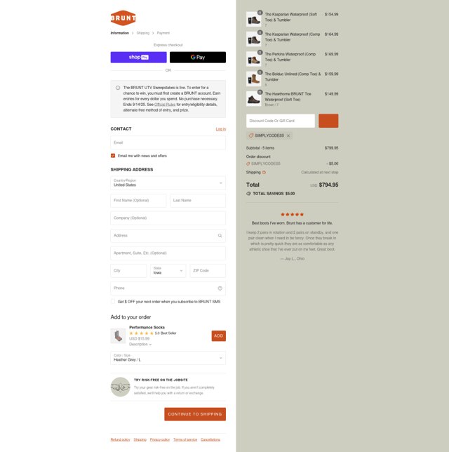 Brunt Workwear checkout page showing Brunt Workwear discount code box | Screenshot taken by SimplyCodes community member on Aug 6, 2025