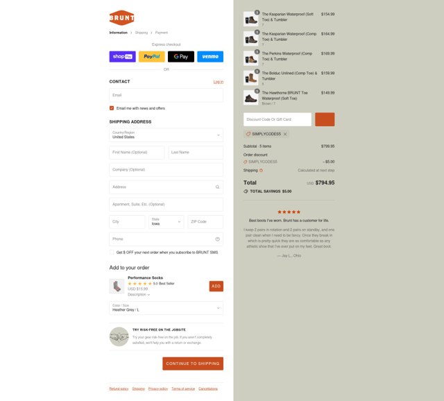Brunt Workwear checkout page showing Brunt Workwear discount code box | Screenshot taken by SimplyCodes community member on Jul 31, 2025