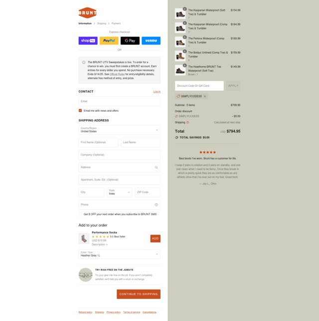 Brunt Workwear checkout page showing Brunt Workwear discount code box | Screenshot taken by SimplyCodes community member on Aug 4, 2025