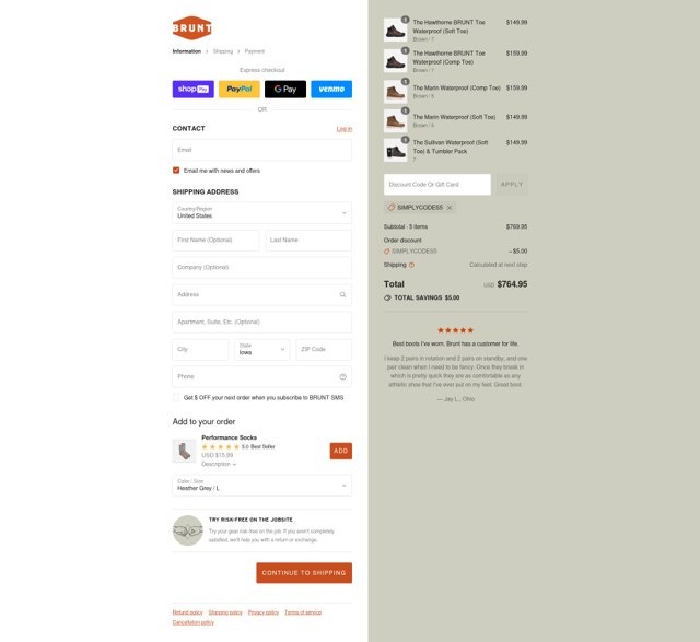 Brunt Workwear checkout page showing Brunt Workwear discount code box | Screenshot taken by SimplyCodes community member on Jul 23, 2025