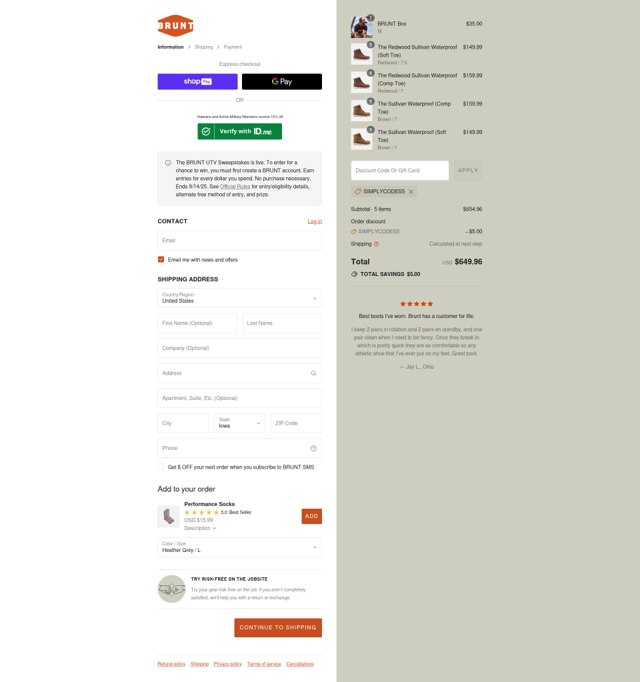 Brunt Workwear checkout page showing Brunt Workwear discount code box | Screenshot taken by SimplyCodes community member on Aug 26, 2025