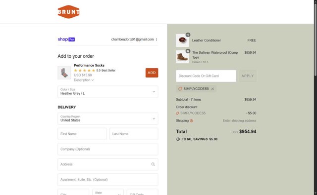 Brunt Workwear checkout page showing Brunt Workwear discount code box | Screenshot taken by SimplyCodes community member on Aug 6, 2025