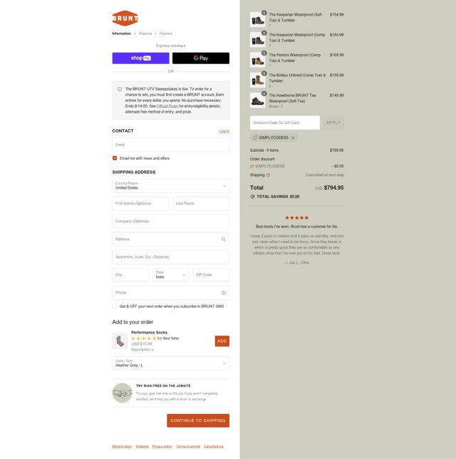 Brunt Workwear checkout page showing Brunt Workwear discount code box | Screenshot taken by SimplyCodes community member on Aug 12, 2025