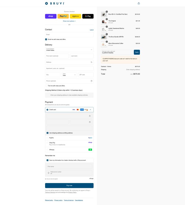 Bruvi checkout page showing Bruvi discount code box | Screenshot taken by SimplyCodes community member on Aug 31, 2025