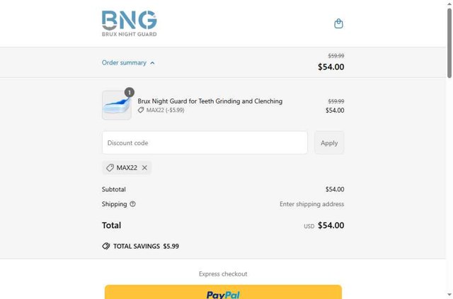 Brux Night Guard checkout page showing Brux Night Guard promo code box | Screenshot taken by SimplyCodes community member on May 18, 2025
