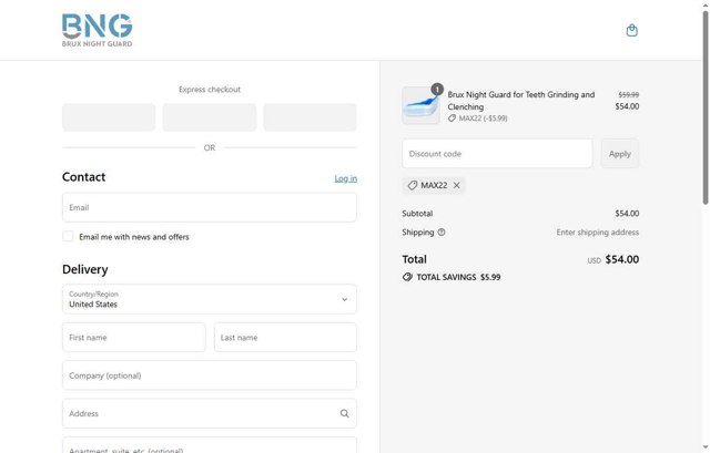 Brux Night Guard checkout page showing Brux Night Guard promo code box | Screenshot taken by SimplyCodes community member on Aug 13, 2025