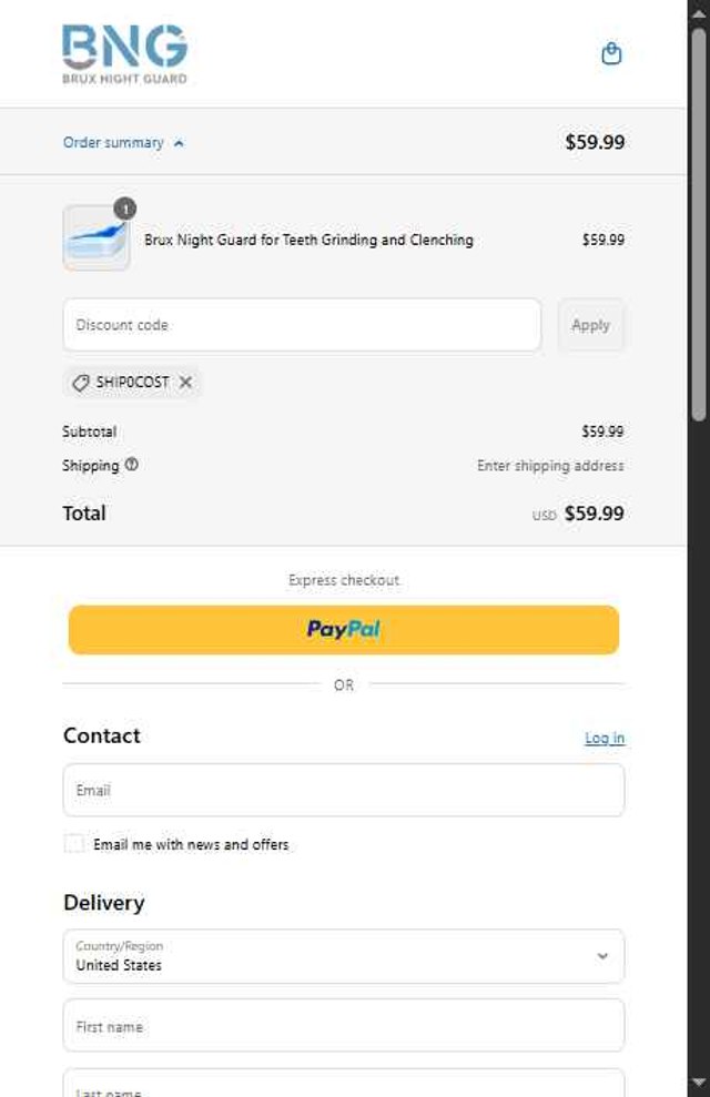 Brux Night Guard checkout page showing Brux Night Guard promo code box | Screenshot taken by SimplyCodes community member on Jul 1, 2025