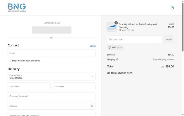 Brux Night Guard checkout page showing Brux Night Guard promo code box | Screenshot taken by SimplyCodes community member on May 18, 2025