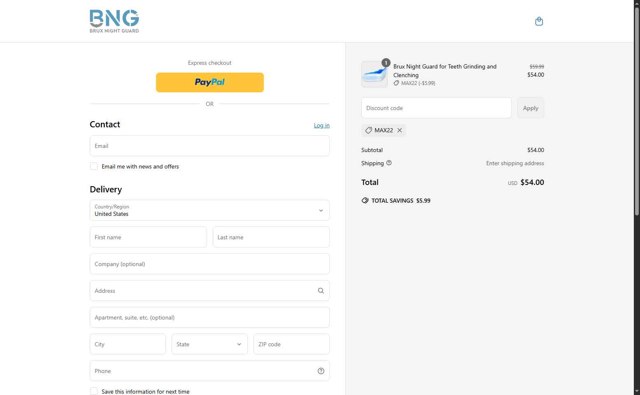 Brux Night Guard checkout page showing Brux Night Guard promo code box | Screenshot taken by SimplyCodes community member on Apr 19, 2025