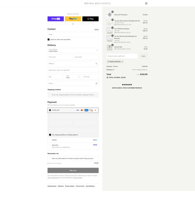 Bryan Anthonys checkout page showing Bryan Anthonys coupon code box | Screenshot taken by SimplyCodes community member on Aug 27, 2025