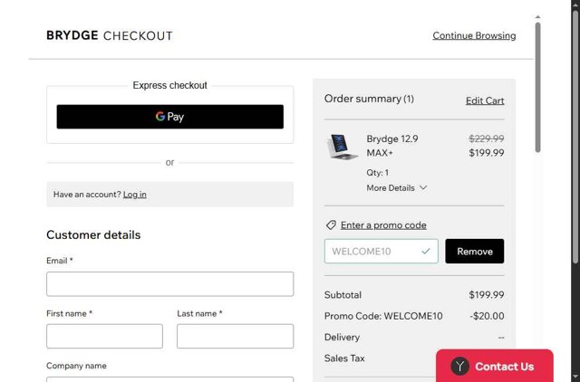 Brydge checkout page showing Brydge promo code box | Screenshot taken by SimplyCodes community member on May 16, 2025