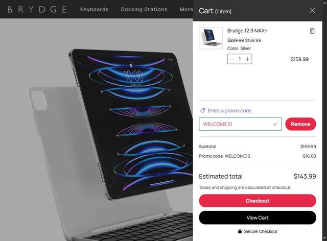 Brydge checkout page showing Brydge promo code box | Screenshot taken by SimplyCodes community member on Aug 17, 2025
