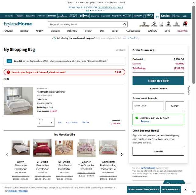 BrylaneHome checkout page showing BrylaneHome coupon code box | Screenshot taken by SimplyCodes community member on Sep 2, 2025