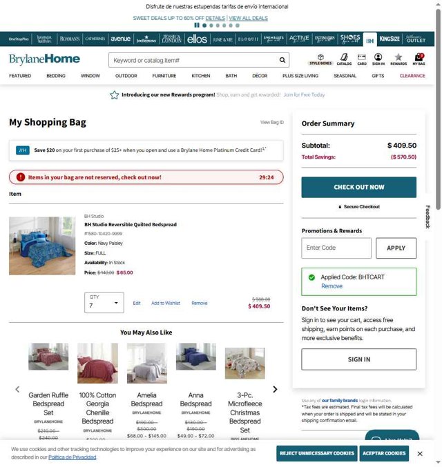 BrylaneHome checkout page showing BrylaneHome coupon code box | Screenshot taken by SimplyCodes community member on Sep 1, 2025