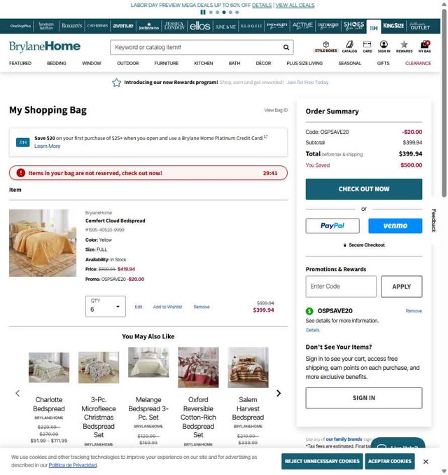 BrylaneHome checkout page showing BrylaneHome coupon code box | Screenshot taken by SimplyCodes community member on Aug 22, 2025