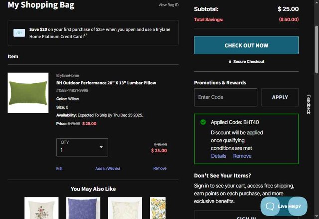 BrylaneHome checkout page showing BrylaneHome coupon code box | Screenshot taken by SimplyCodes community member on Sep 1, 2025
