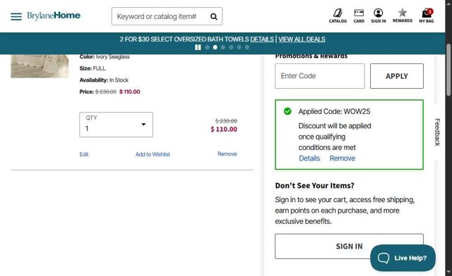 BrylaneHome checkout page showing BrylaneHome coupon code box | Screenshot taken by SimplyCodes community member on Sep 1, 2025