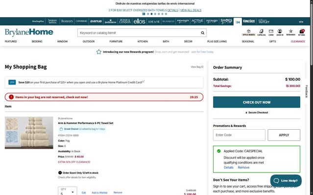 BrylaneHome checkout page showing BrylaneHome coupon code box | Screenshot taken by SimplyCodes community member on Aug 29, 2025