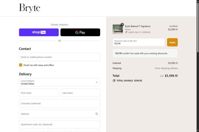 Bryte Sleep checkout page showing Bryte Sleep promo code box | Screenshot taken by SimplyCodes community member on Aug 28, 2025