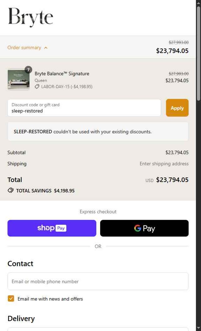 Bryte Sleep checkout page showing Bryte Sleep promo code box | Screenshot taken by SimplyCodes community member on Aug 24, 2025