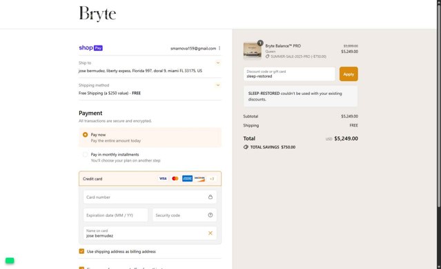 Bryte Sleep checkout page showing Bryte Sleep promo code box | Screenshot taken by SimplyCodes community member on Jul 26, 2025