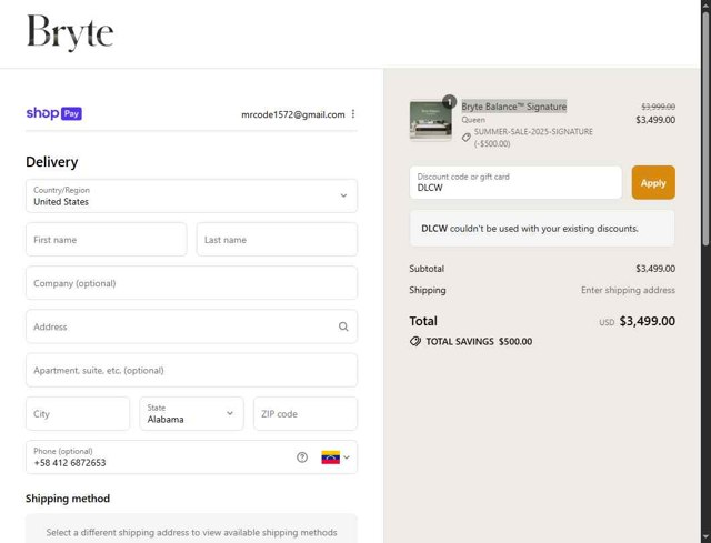 Bryte Sleep checkout page showing Bryte Sleep promo code box | Screenshot taken by SimplyCodes community member on Jul 30, 2025