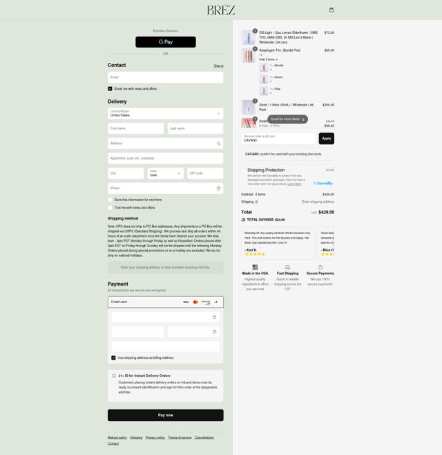 BRĒZ checkout page showing BRĒZ promo code box | Screenshot taken by SimplyCodes community member on Sep 12, 2025