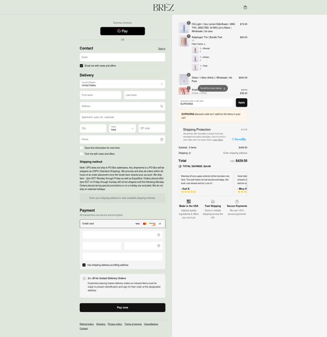 BRĒZ checkout page showing BRĒZ promo code box | Screenshot taken by SimplyCodes community member on Sep 12, 2025
