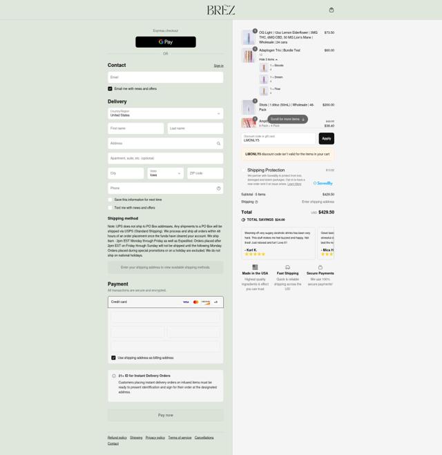 BRĒZ checkout page showing BRĒZ promo code box | Screenshot taken by SimplyCodes community member on Sep 12, 2025