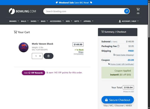 Bowling.com checkout page showing Bowling.com promo code box | Screenshot taken by SimplyCodes community member on Jul 4, 2025