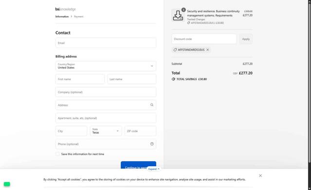 BSI Knowledge checkout page showing BSI Knowledge promo code box | Screenshot taken by SimplyCodes community member on Aug 20, 2025