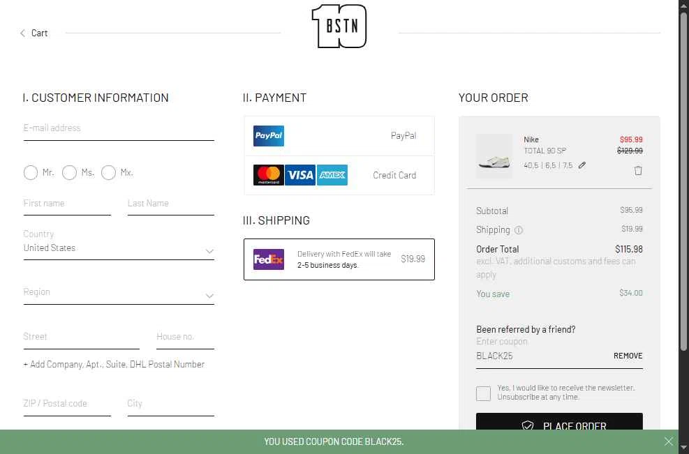 BSTN checkout page showing BSTN coupon code box | Screenshot taken by SimplyCodes community member on Nov 20, 2025