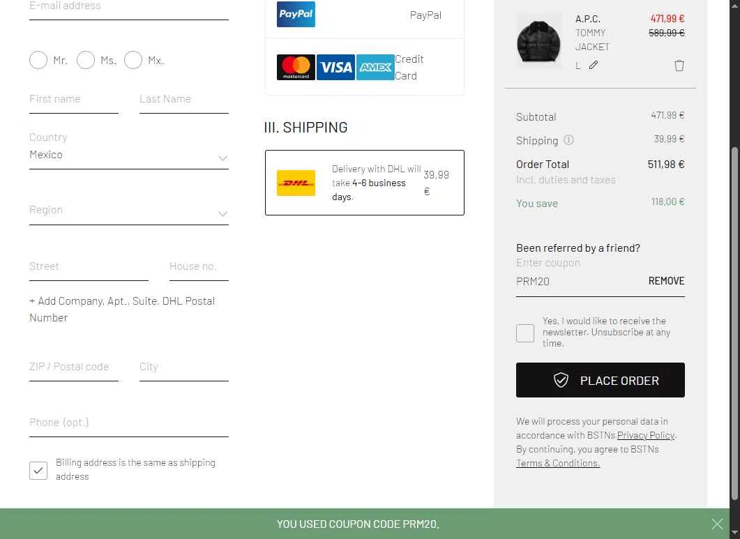 BSTN checkout page showing BSTN coupon code box | Screenshot taken by SimplyCodes community member on Dec 23, 2025
