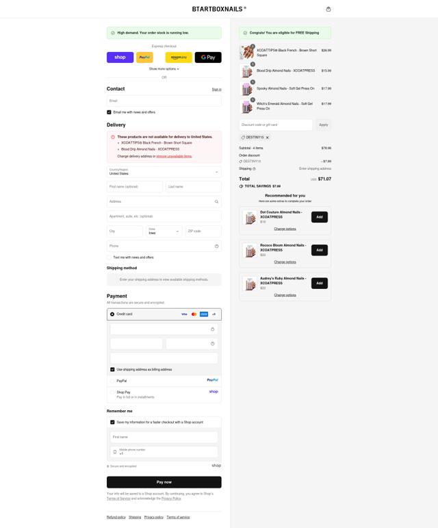 BTArtbox checkout page showing BTArtbox discount code box | Screenshot taken by SimplyCodes community member on Sep 15, 2025