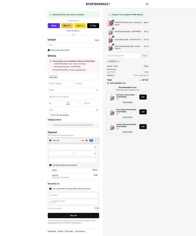 BTArtbox checkout page showing BTArtbox discount code box | Screenshot taken by SimplyCodes community member on Sep 15, 2025