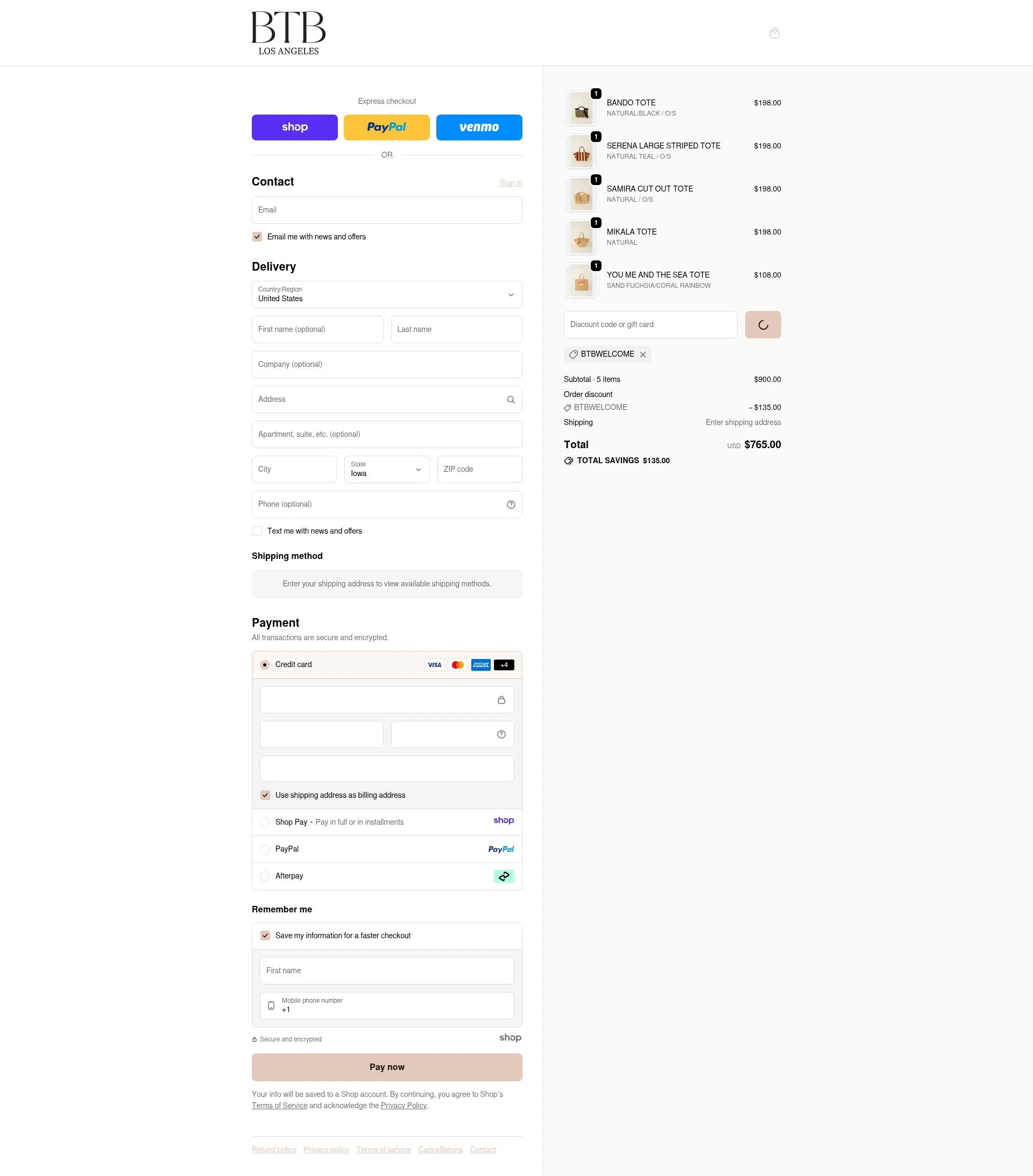 BTB Los Angeles checkout page showing BTB Los Angeles promo code box | Screenshot taken by SimplyCodes community member on Dec 23, 2025