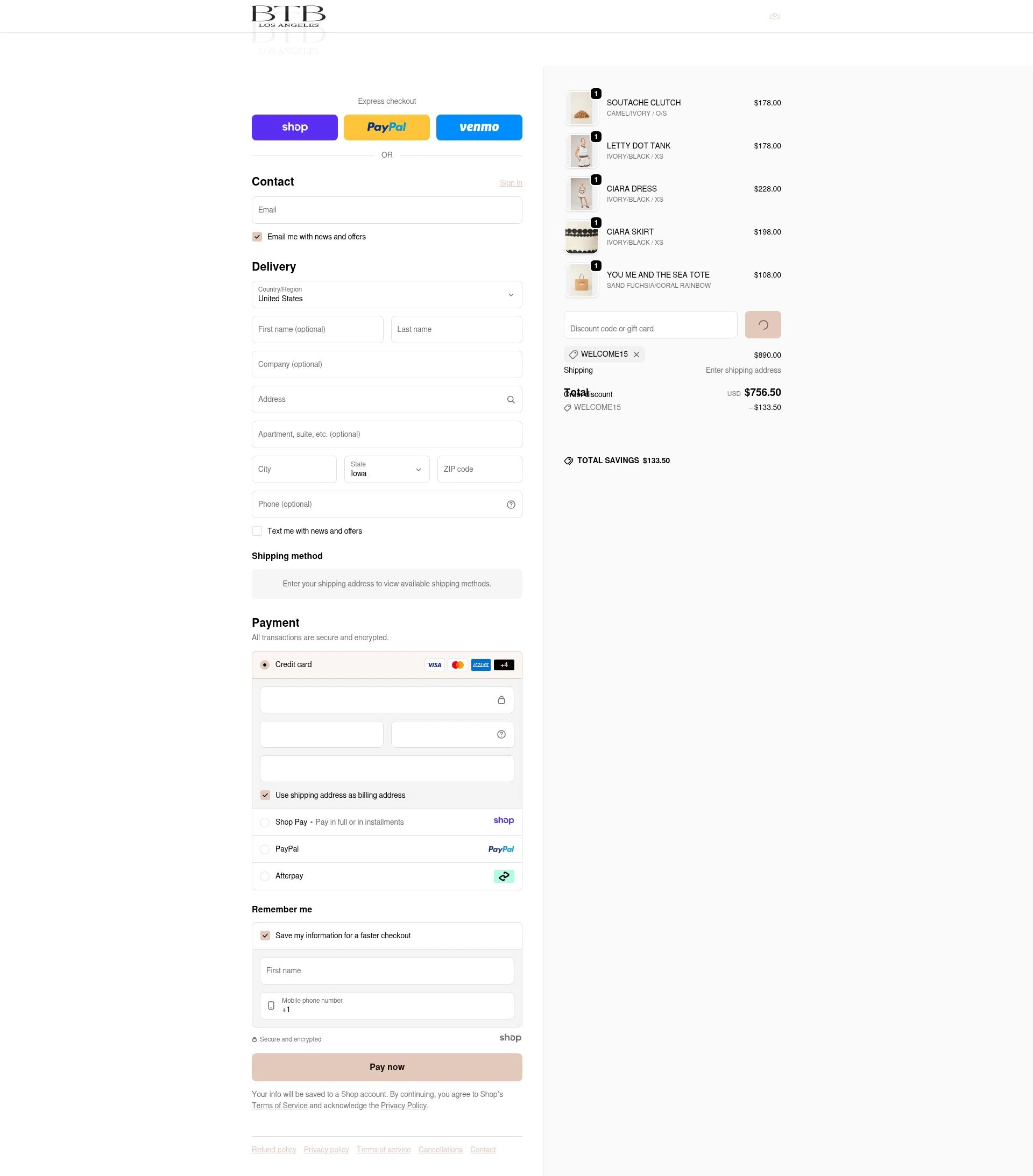 BTB Los Angeles checkout page showing BTB Los Angeles promo code box | Screenshot taken by SimplyCodes community member on Dec 28, 2025