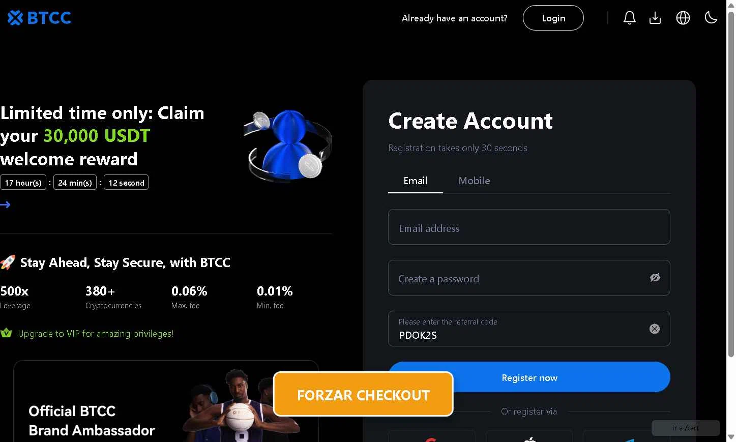 BTCC checkout page showing BTCC promo code box | Screenshot taken by SimplyCodes community member on Jan 13, 2026