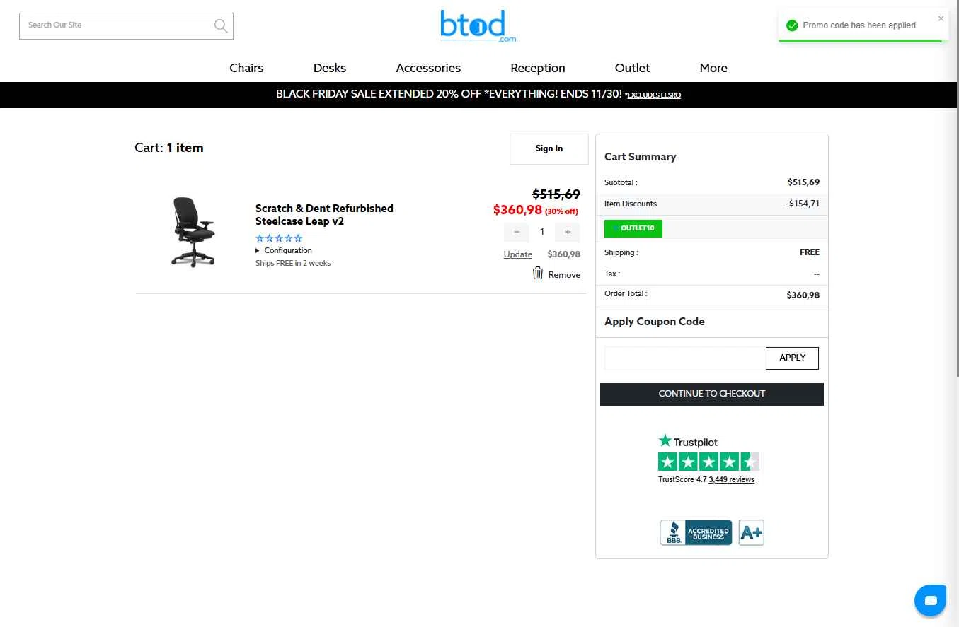 BTOD.com checkout page showing BTOD.com coupon code box | Screenshot taken by SimplyCodes community member on Nov 30, 2025